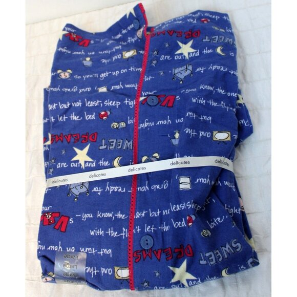 Delicates Blue Flannel Pajama Set sz L Dreams Star Moon Sleep Shirt Pants PJ - Picture 4 of 7